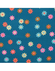 Tejido de pana fantasía - Flores fondo azul petróleo 2