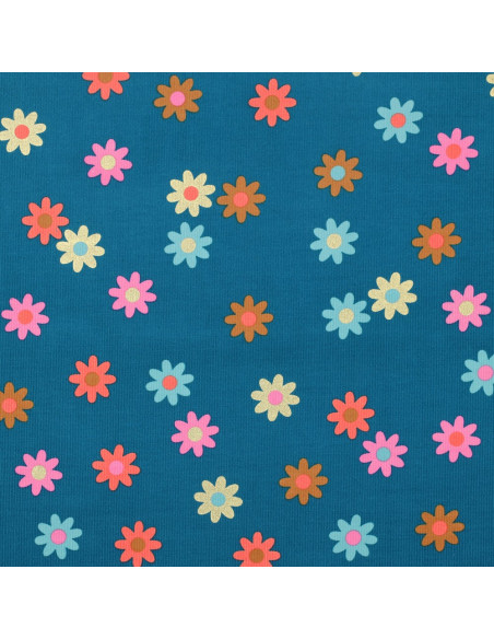 Tejido de pana de mil rayas fantasía - Flores sobre fondo azul petróleo