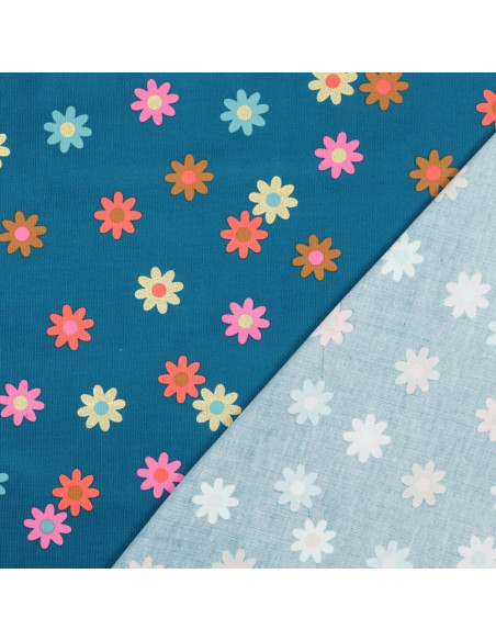 Tejido de pana de mil rayas fantasía - Flores sobre fondo azul petróleo