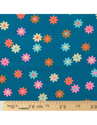 Tejido de pana de mil rayas fantasía - Flores sobre fondo azul petróleo