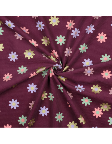 Tejido de pana de mil rayas fantasía - Flores fondo burdeos
