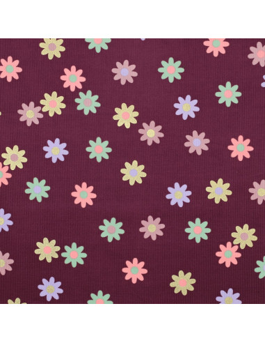 Tejido de pana de mil rayas fantasía - Flores fondo burdeos