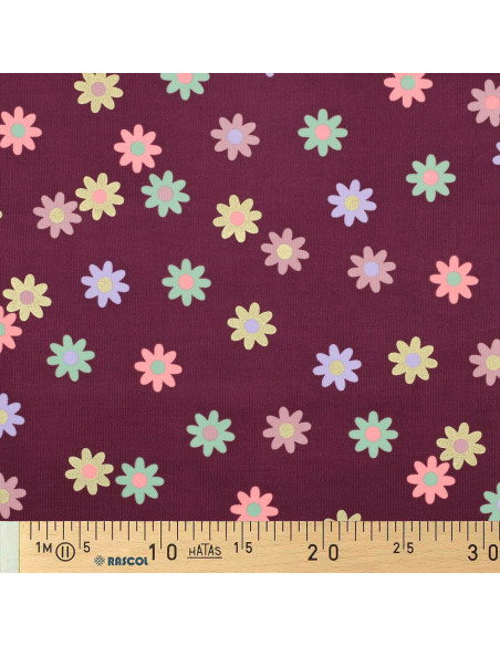 Tejido de pana de mil rayas fantasía - Flores fondo burdeos