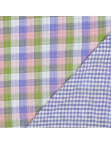 Tejido de doble gasa de algodón a cuadros - Rosa y lavanda