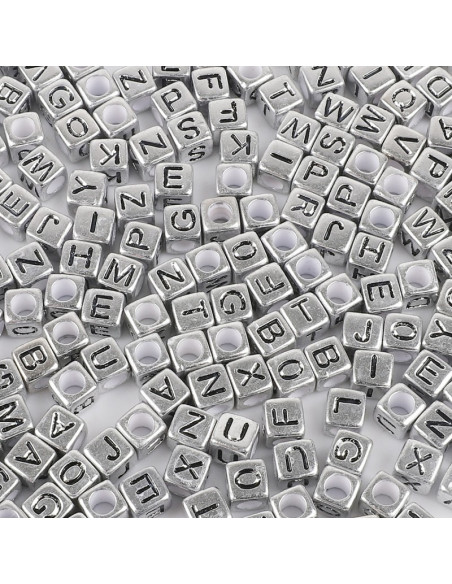 Bolsa de 100 cuentas cuadradas plateadas - Letras negras