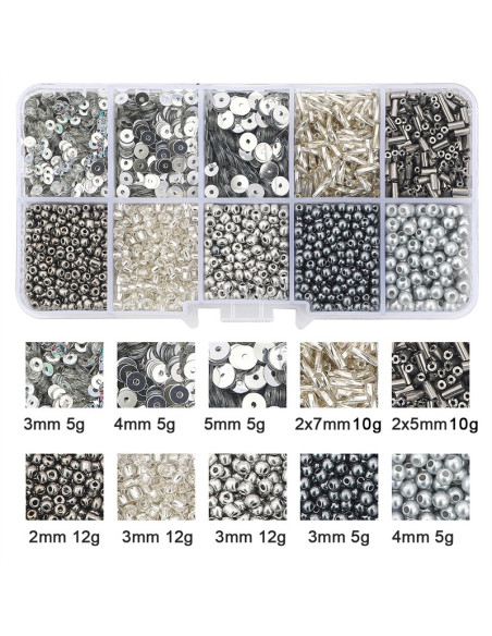 Caja de 80 gr de cuentas de rocalla y lentejuelas - Plata