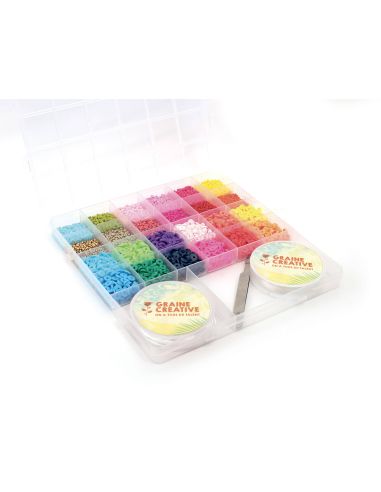 Caja de cuentas de rocalla, Heishi, cordón elástico y pinza - Mezcla Tropical