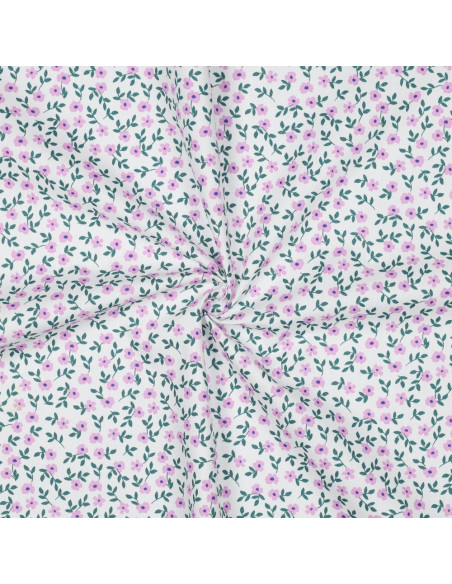 Tejido popelina de algodón - Flores rosas fondo blanco