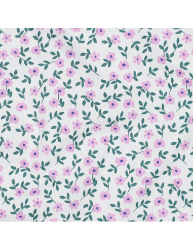 Tejido popelina de algodón - Flores rosas fondo blanco