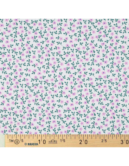 Tejido popelina de algodón - Flores rosas fondo blanco