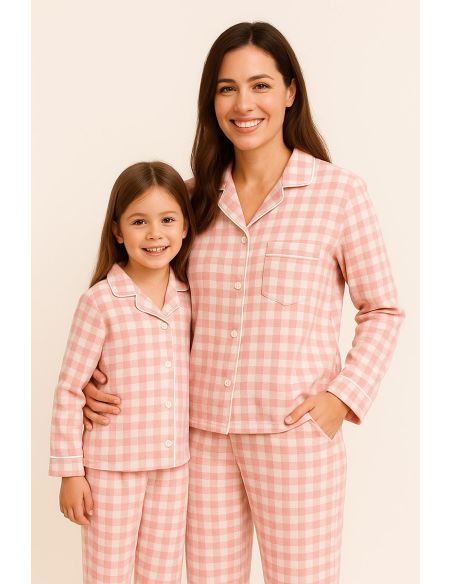 Tela de franela de cuadros grandes - Rosa y crudo