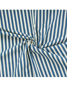 Tejido Seersucker a rayas anchas - Azul vaquero y blanco roto