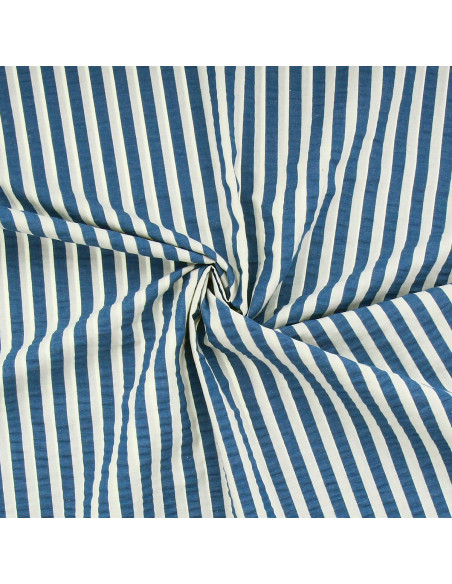 Tejido Seersucker a rayas anchas - Azul vaquero y blanco roto