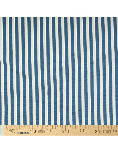 Tejido Seersucker a rayas anchas - Azul vaquero y blanco roto