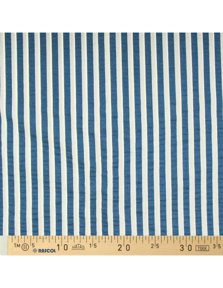 Tejido Seersucker a rayas anchas - Azul vaquero y blanco roto