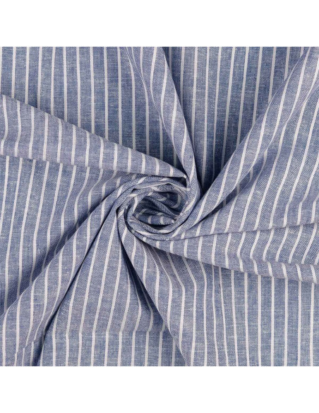 Tejido lino algodón - Rayas finas - Azul vaquero