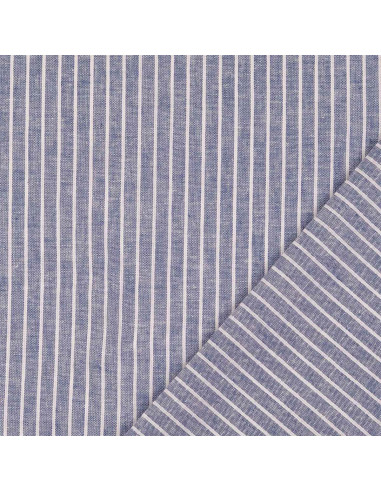 Tejido lino algodón - Rayas finas - Azul vaquero