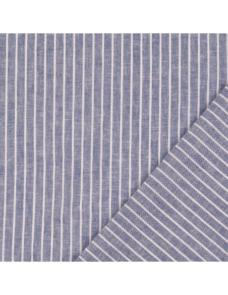 Tejido lino algodón - Rayas finas - Azul vaquero