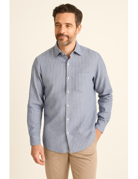Tejido lino algodón - Rayas finas - Azul vaquero