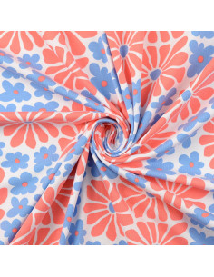 Tejido de punto fantasía - Flores sesenteras rojas y azules