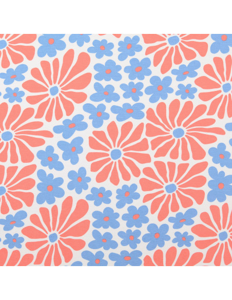 Tejido de punto fantasía - Flores sesenteras rojas y azules