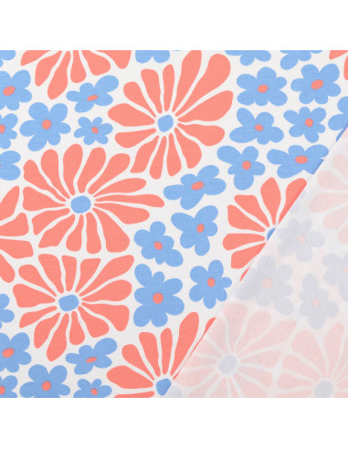 Tejido de punto fantasía - Flores sesenteras rojas y azules