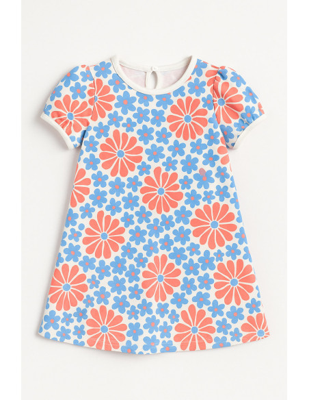 Tejido de punto fantasía - Flores sesenteras rojas y azules