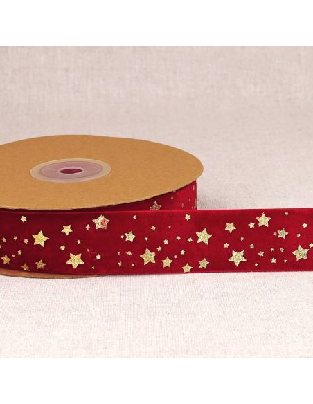 Cinta de terciopelo con estrellas de Navidad - Rojo