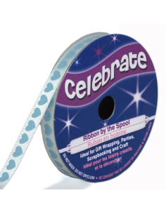 Cinta de satén Celebrate blanca con corazones impresos en azul cielo - 6 mm x 4 metros