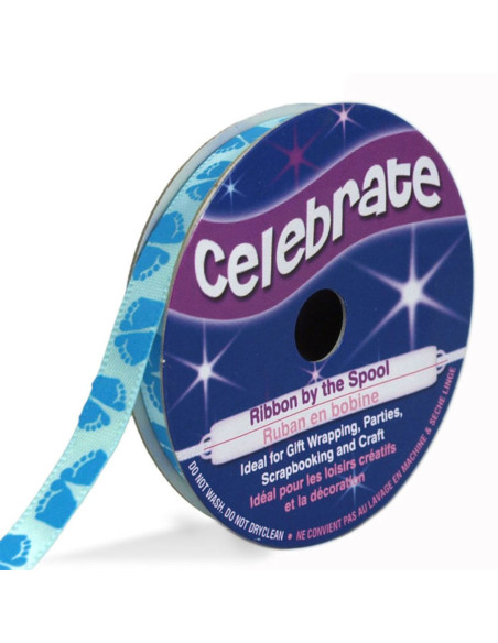Cinta de satén Celebrate azul cielo con impresión de pies azules - 6 mm x 4 metros