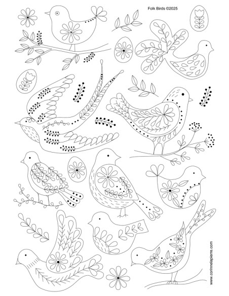 Hojas de transferencia de bordado hidrosolubles - Pájaros folclóricos