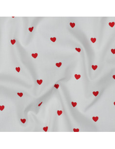 Tejido popelina de algodón fantasía - Corazón rojo sobre fondo blanco