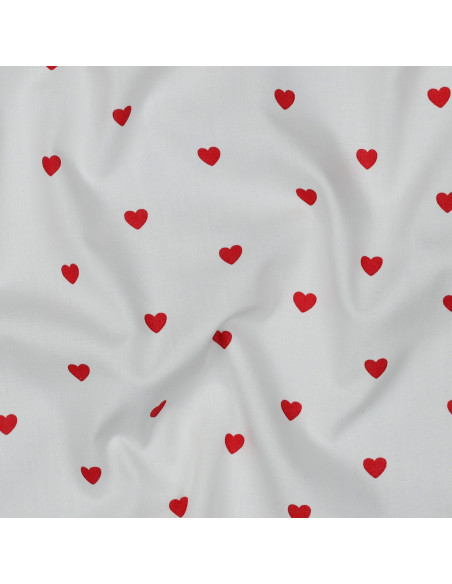 Tejido popelina de algodón fantasía - Corazón rojo sobre fondo blanco