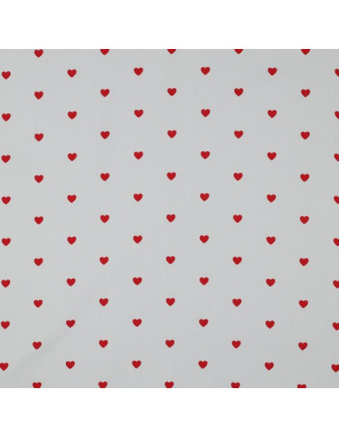 Tejido popelina de algodón fantasía - Corazones rojos sobre fondo blanco