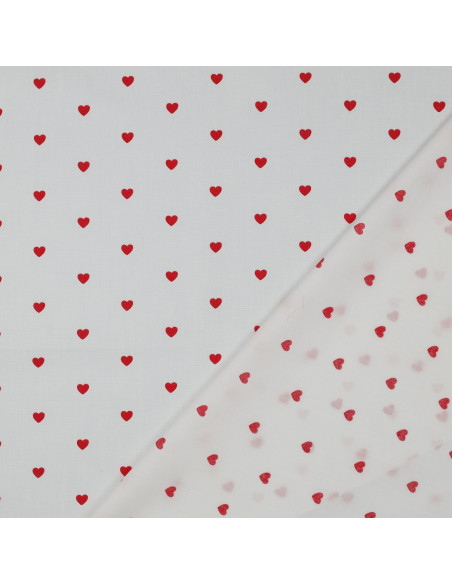 Tejido popelina de algodón fantasía - Corazones rojos sobre fondo blanco