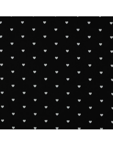 Tejido popelina de algodón fantasía - Corazones blancos sobre fondo negro