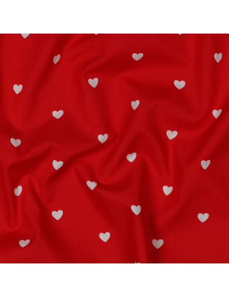 Tejido popelina de algodón fantasía - Corazón blanco sobre fondo rojo