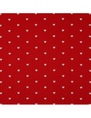 Tejido popelina de algodón fantasía - Corazones blancos sobre fondo rojo