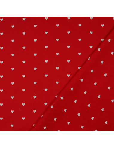 Tejido popelina de algodón fantasía - Corazones blancos sobre fondo rojo