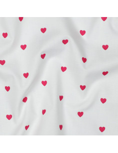Tejido popelina de algodón fantasía - Corazón fucsia sobre fondo blanco