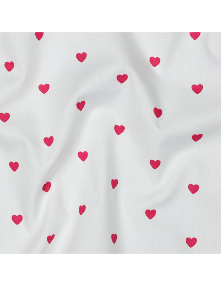 Tejido popelina de algodón fantasía - Corazón fucsia sobre fondo blanco