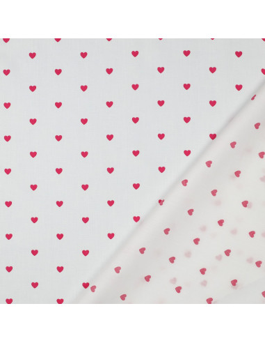 Tejido popelina de algodón fantasía - Corazones fucsia sobre fondo blanco