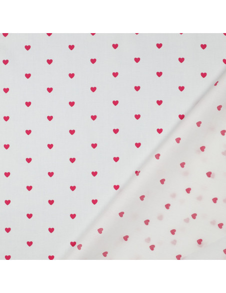 Tejido popelina de algodón fantasía - Corazones fucsia sobre fondo blanco
