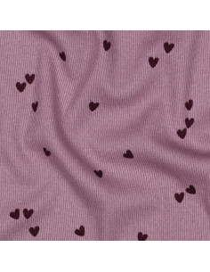 Tejido de punto jersey de algodón acanalado - Corazones malva 2