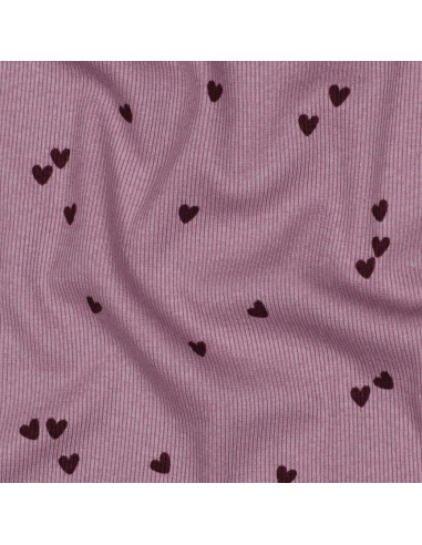 Tejido de punto jersey de algodón acanalado - Corazones malva
