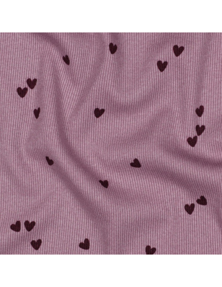 Tejido de punto jersey de algodón acanalado - Corazones malva