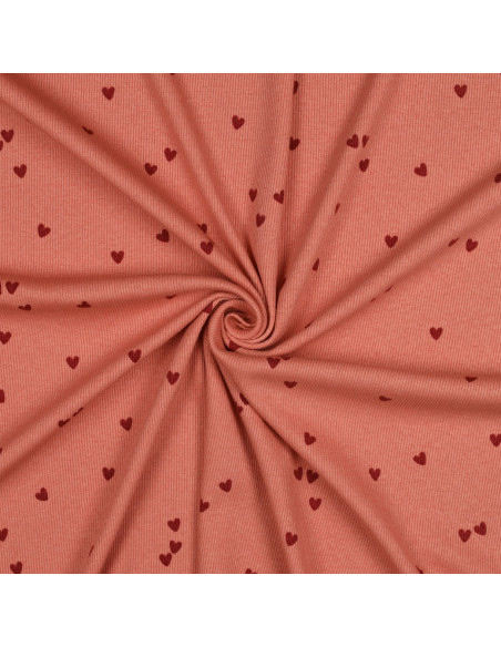 Tejido de punto jersey de algodón acanalado - Corazones coral