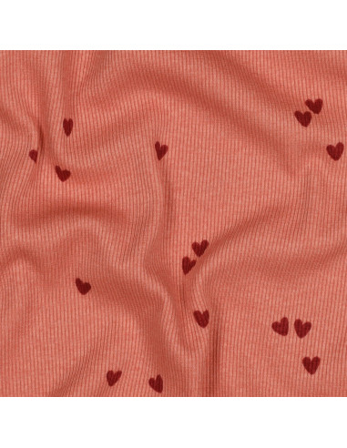 Tejido de punto jersey de algodón acanalado - Corazones coral
