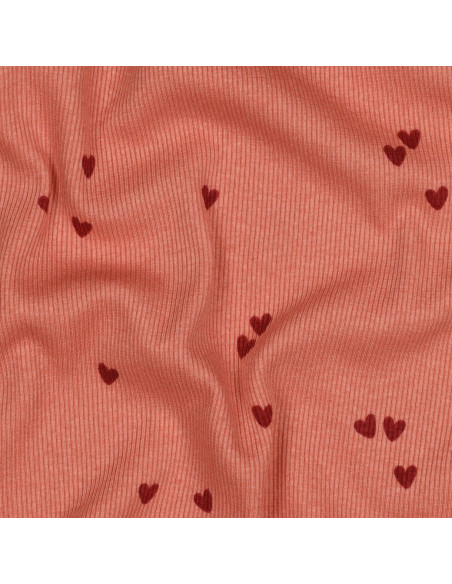 Tejido de punto jersey de algodón acanalado - Corazones coral