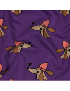 Tela de sudadera afelpada con perros y corazones - Violeta